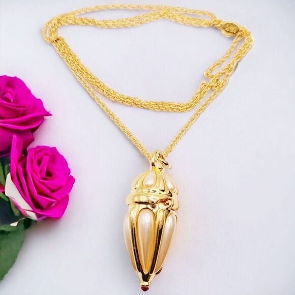 Chatelaine Poison Locket Casket Bottle Necklace by Joan Rivers Gold Plated Pearl - Picture 1 of 10